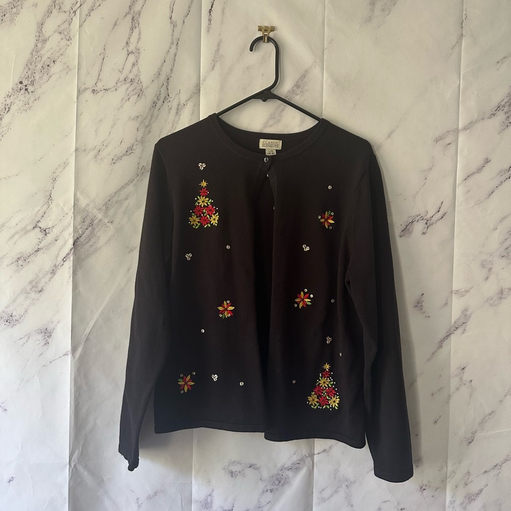 VTG 90s CLASSIC ELEMENTS HOLIDAY FLORAL EMBROIDERED CARDIGAN SWEATER WOMEN LARGE